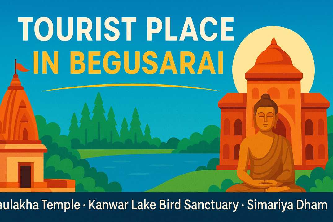 Tourist Place in Begusarai showcasing famous landmarks like Naulakhha Temple, Kanwar Lake and Simariya Dham